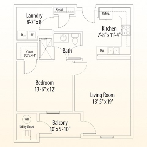Floor plan for 1 bed, 1 bath, 726 sqft